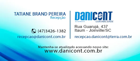 Cartão de Tatiane Brand Pereira, recepção, telefone (47) 3426-1382 e e-mail recepcao@danicont.com.br