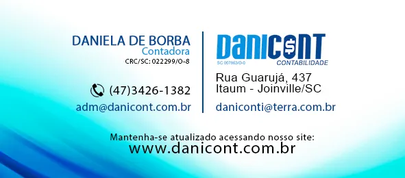 Cartão de Daniela de Borba, contadora, CRC/SC 022299/O-8, telefone (47) 3426-1382 e e-mail adm@danicont.com.br